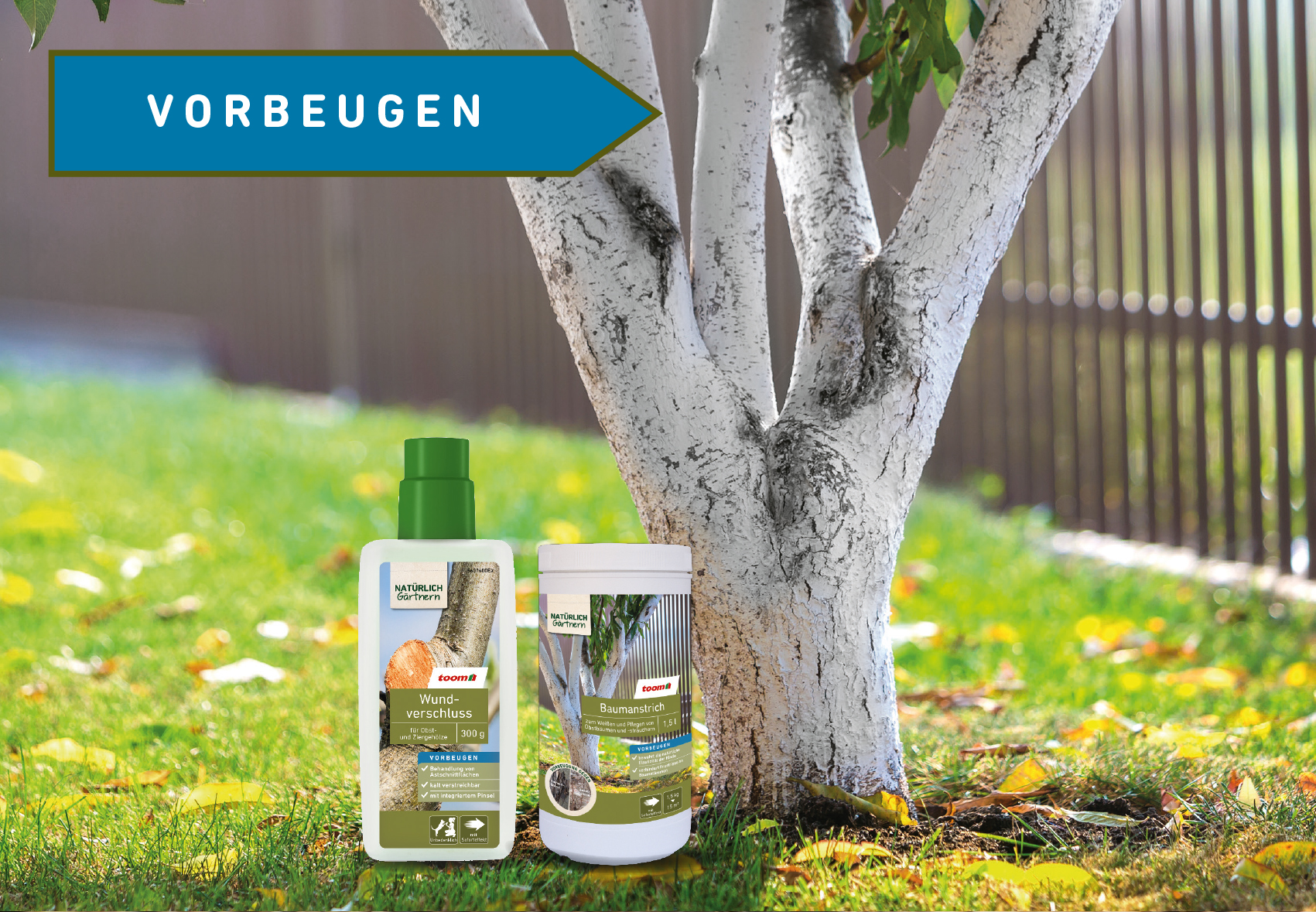 Ein weiß gestrichener Baumstamm im Garten. Text: Vorbeugen